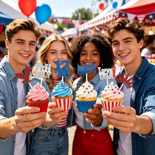 24Pcs Independence Day Cupcake Toppers, Glitter 4th of July Cake Decoration