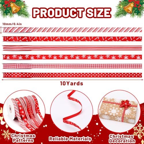 DECYOOL Christmas Ribbon 6 Rolls 60 Yards Red Pink Xmas Grosgrain Ribbons