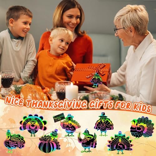 AUGSUN 96Pcs Turkey Scratch Art Paper Thanksgiving Fall Crafts for Kids