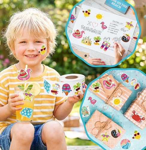 1000Pcs Summer Stickers for Kids, 2 Rolls Hawaiian Tropical Beach Self Adhesive Labels Luau Party Favors for Seasonal Holiday DIY Crafts Teacher Reward Gifts Scrapbooking Water Bottle Decor,16 Designs