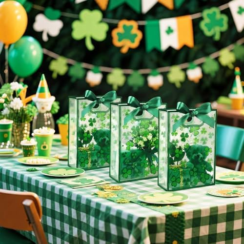 Capoda 24 Pack St Patrick's Day Shamrock Gift Bags with Handles Clover Party Favor Bag Reusable Plastic St Patricks Goodie Bags, 10x7x3 Inch Lucky Clover Treat Bag for Holiday Party Supplies