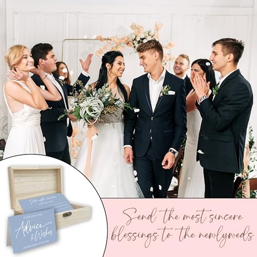 50Pcs Wedding Advice Cards with Wooden Box & 2 Black Pens - Minimalist Blue Bridal Shower Advice and Wishes for Mr & Mrs - Bridal Shower Game Decorations & Reception Party Supplies - A02