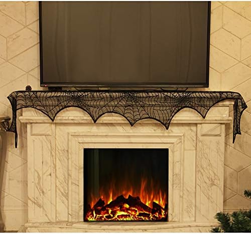 Lulu Home Halloween Fireplace Decorations, Fireplace Mantle Scarf Cover, Black Lace Spider Web for Door, Window and Flowerbeds Decoration, Halloween Party Supplies