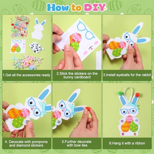 Funrous 48 Sets Crafts Kit Paper Crafts DIY Make Your Own Hanging Ornaments with Pompoms Diamond Stickers for Holiday Classroom Activities Party Favors, Easter Bunny