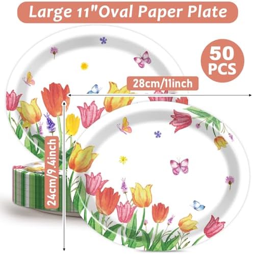 Qyeahkj 50 Pcs Spring Tulip Oval Paper Plates Large 11” Disposable Tulip Flower Party Decorations Floral Supplies Favor for Easter Picnic Spring Summer Birthday Butterflies Party Tableware Set