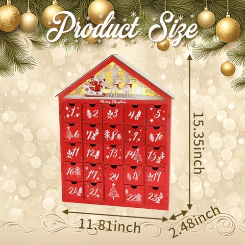 LYFJMUS Wooden Christmas Advent Calendar 2025 with 24 Storage Drawers Reusable Advent Calendar with LED Lights Countdown to Christmas Decoration for Kids
