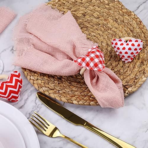 Red Love Napkin Rings Set of 12, Heart Cloth Napkin Rings Holder with Wooden Buckles for Valentine's Day, Mother's Day, Wedding, Anniversary Dinners, Parties Table Decoration