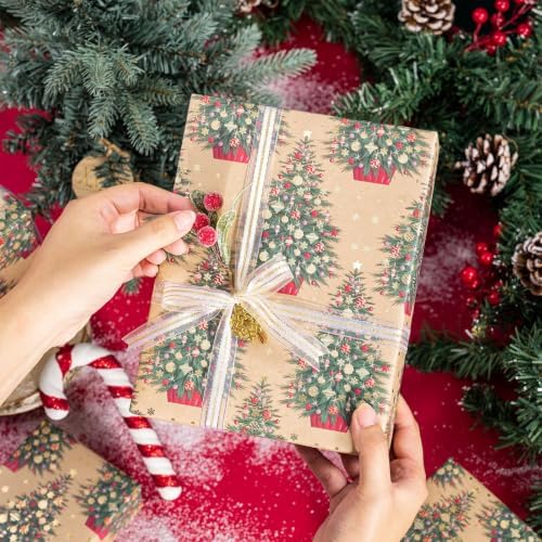 RUSPEPA 30" X 32.8' Kraft Christmas Wrapping Paper Large Paper Roll, Jumbo Roll, Gold Foil Elegant Christmas Tree with Ornament & Snowflake Design Kraft Gift Wrap for Xmas Gifts, Winter and Holidays
