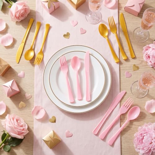 Minatee 180 Pcs Pearlescent Gold Pink Plastic Silverware Heavy Duty Cutlery Sets Disposable Utensils for Holiday Birthday Themed Party Supplies, 60 of Each Forks Knives Spoons