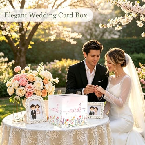 Watercolor Wildflower Wedding Card Box, Paperboard 8.7" Card Box for Party Graduation Birthday Wedding Bridal or Baby Showers Retirement Anniversary Valentine's Day