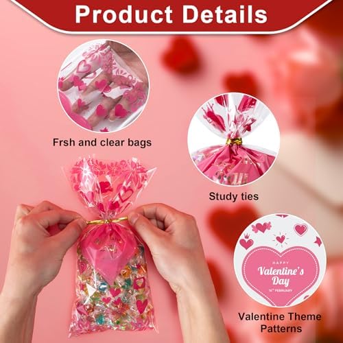 Valentines Cellophane Bags 120pcs Valentines Candy Bags with 140pcs Twists
