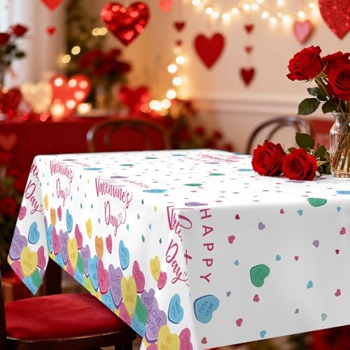 Gistome 3-Piece 54 x 108 Inch Valentine’s Day Plastic Tablecloth – Colorful Candy Heart Disposable Table Covers for Valentine’s Parties, Weddings, Classrooms, and Romantic Celebrations
