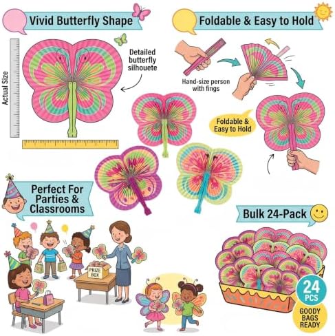 24 Pack Bright Butterfly Folding Fans, Colorful Butterfly-Shaped Paper Hand Fans for Birthday Parties, Tea Parties & Quinceañeras | Bulk Handheld Fans for Kids & Favors