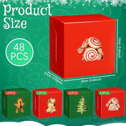 AmazingSpark 48 Pcs Christmas Cookie Boxes with Windows Red and Green Bakery Boxes Christmas Paper Treat Cases for Holiday Party Favor Pastries, Cupcakes, Cookies, Donuts, Small Gift Wrapping