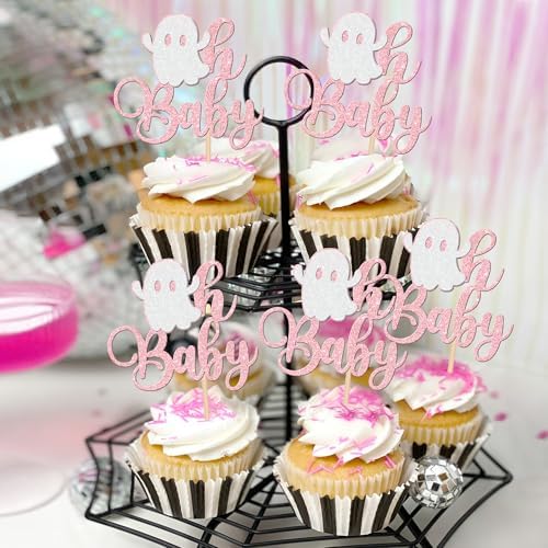 24 PCS Halloween Ghost Oh Baby Cupcake Toppers Glitter Halloween Baby Shower Cupcake Picks Little Boo Cupcake Topper for Halloween Baby Shower Birthday Party Cake Decorations Supplies Light Pink