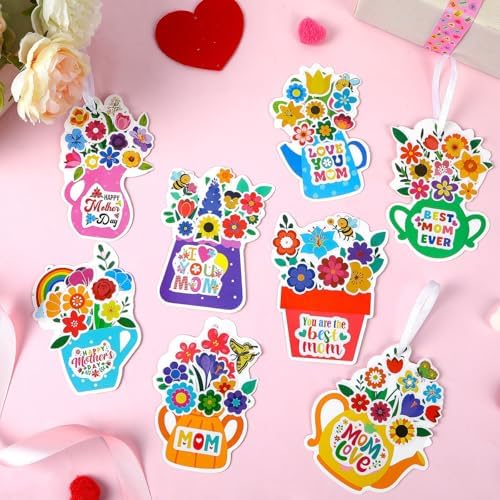 JUNEBRUSHS Mother's Day Card Craft Kit, 32 Floral DIY Craft with Stickers Mother's Day Hanging Ornament for Classrooms Office Festival Decor Gifts for Mom Ladies Grandma