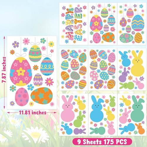 9 Sheets Easter Window Clings, 152PCS Double Sided Easter Party Clings for Glass Windows with Bunny Egg Flower, Reusable Happy Eggs Bunny Window Decals Stickers for Home Office Decorations