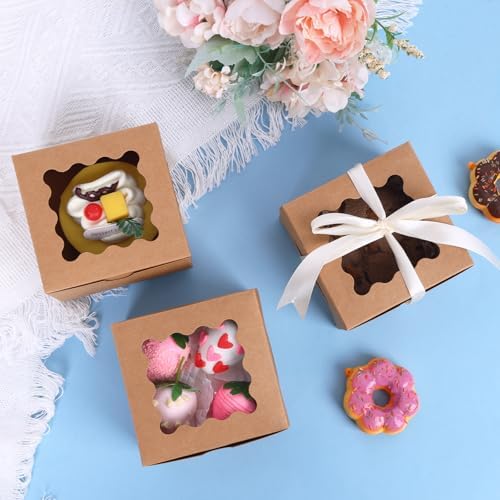 Moretoes 120pcs Small Cookie Boxes with Window,Brown Bakery Boxes,4x4x2.5