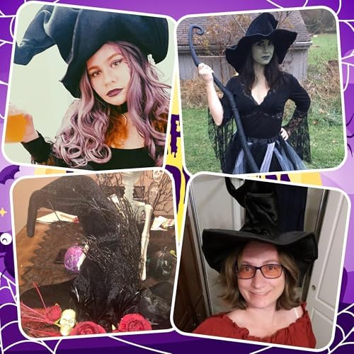 Women's Witch Hat for Halloween Costume Party, Large Black Wicked Witch Hats for Christmas Masquerade Carnivals Accessory