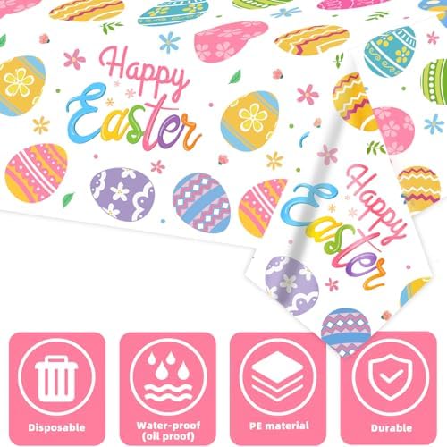 3-Pack Easter Egg Disposable Plastic Tablecloths – 54 x 108 Inch Rectangular Table Covers for Spring Parties and Holiday Decor