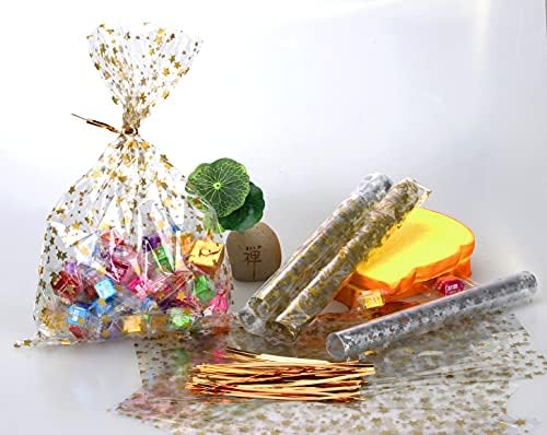 100 Pcs Star Printed 4"X 9" Gift Wrap Cello Cellophane Treat Bags Party Favor bags Clear Candy Cookie Bags Plastic Poly Goodie Storage Bags with Twist Ties for Bakery,Birthday, Wedding ,Party Decorations (Gold)