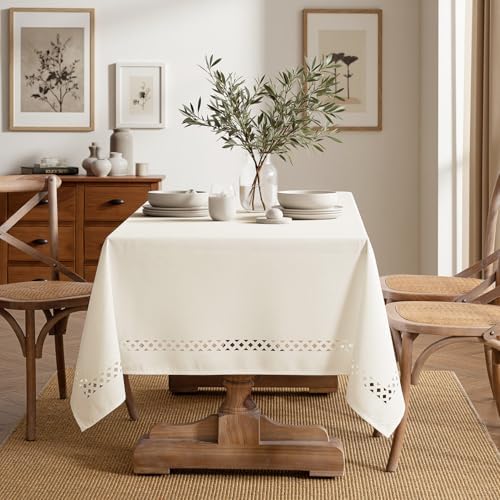 MIULEE Ivory Rectangle Tablecloth with Decorative Cutouts 60x104 inch