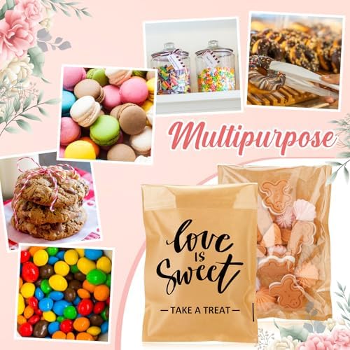 MotiMind 100 Pcs Clear Wedding Cookie Bags, Love Is Sweet Candy Bag