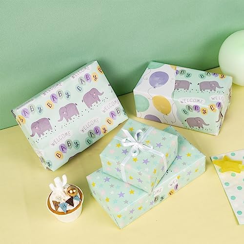 MAYPLUSS Baby Shower Wrapping Paper - 17" X 120" Per roll - Cute Little Boy Green Elephant Animal Design Birthday Joyful Celebration Gift Wrapping Paper for Baby Shower, Party, New Baby Birth