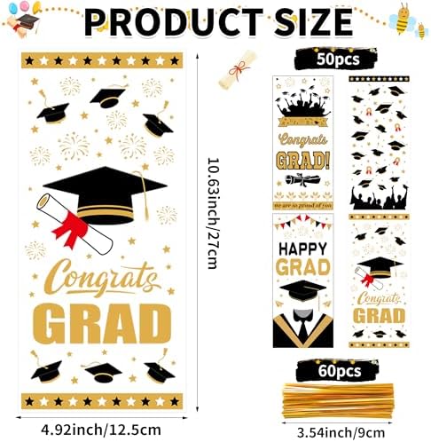 ZYLOP 50 Pcs Graduation Cellophane Treat Bags - 5" x 11" Congrats Grad Plastic Goodie Bags with 60 Gold Twist Ties for Cookies, Snacks, Party Favors & Gift Packaging, Thick Plastic Candy Bag for Kids
