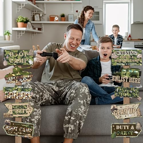 Hooqict 20 Pieces Army Party Sign Camouflage Military Birthday Party Decorations Directional Signs for Boys Men Camo Army Retirement Decorations Welcome to Boot Camp Party Supplies