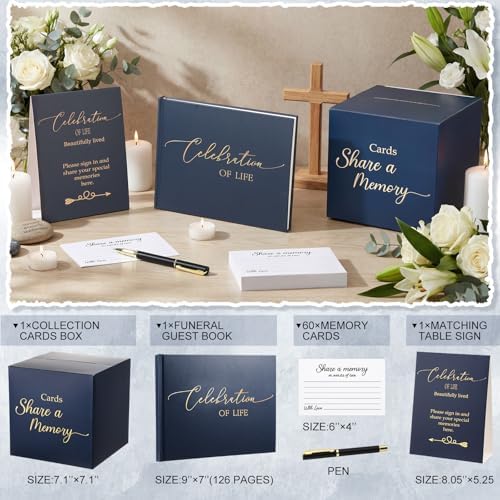 Engrowtic 64 Pcs Guest Book Set Funeral Guest Book Memorial Service, Blue