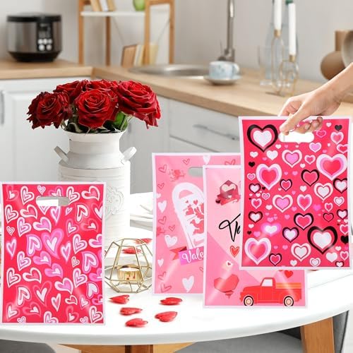 EUVBOKW 100Pcs Valentine's Day Treat Bags with Handle, Heart Shaped Goodie Bags for Candy, Wedding Baby Shower Favors