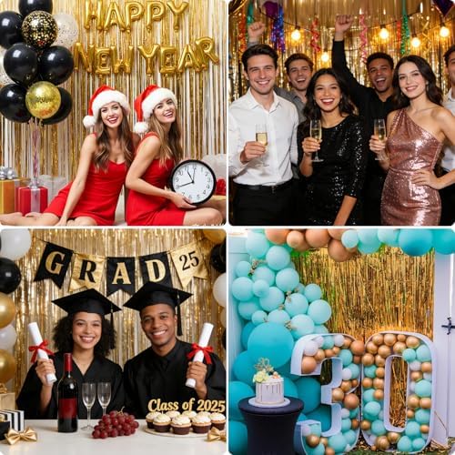 2 Pack 3.3x8.2 FT Gold Backdrop Birthday Decorations Foil Tinsel Curtain Gold Dooor Streamers Party Hanging Decorations Photo Booth Props for Birthday Graduation Bachelorette Christmas New Years Eve