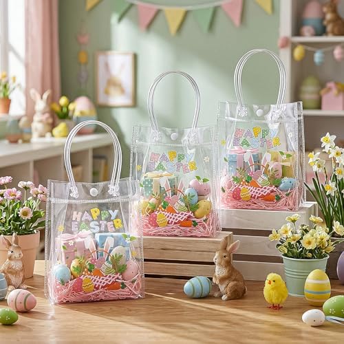 Aliceset 24 Pcs Clear Gift Bags with Handle, PVC Party Favors Bunny Ear