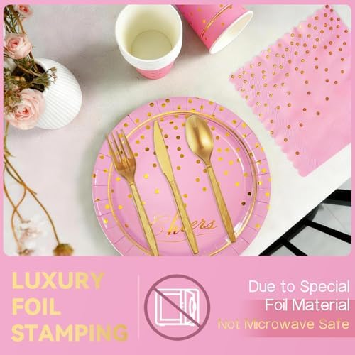 168Pcs Pink and Gold Paper Plates and Napkins Party Supplies for 24 Guest