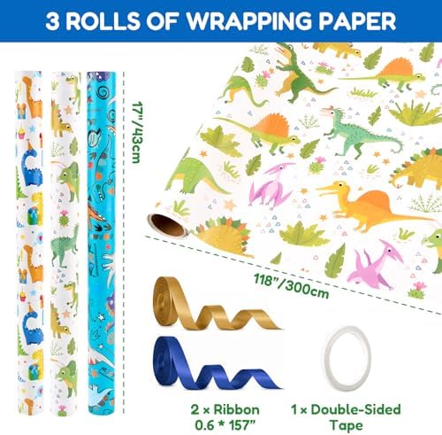 Bafeil Dinosaur Wrapping Paper Birthday Boy Roll Set - 3 Rolls