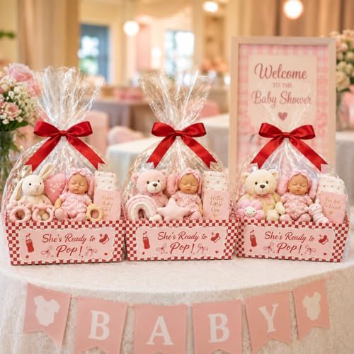 Cinrobiye 12 Pack Ready to Pop Baby Shower Favor Basket Set, Fill Your Own Party Favor Baskets with Clear Gift Bags & Ribbons, Empty Candy Gift Containers for Baby Shower, Gender Reveal, Birthday