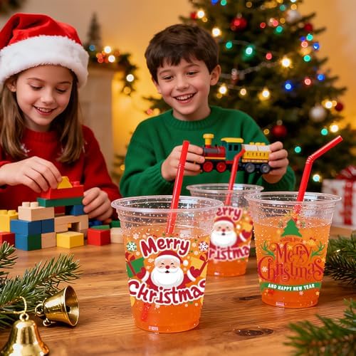 50 Pcs Christmas Party Cups, 12 oz Merry Christmas Clear Plastic Cups, Santa Claus Disposable Drinking Cup for Cold Beverage Ice Cream Snacks Xmas Winter Holiday Party Supplies