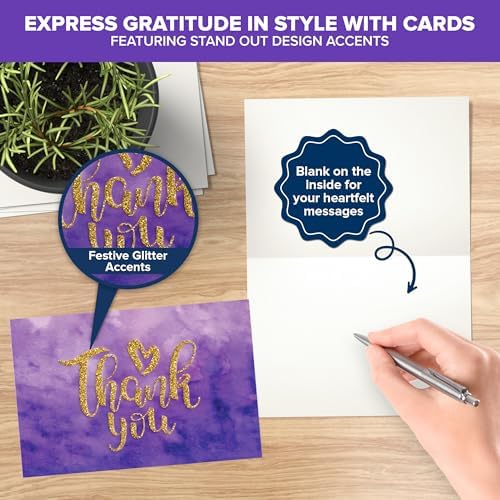 Decorably 24 Pack Glittery 6x4in Purple Thank You Cards with Envelopes
