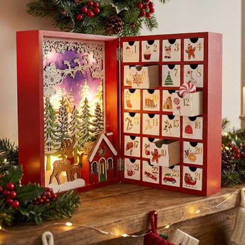Lighted Wooden Christmas Advent Calendar Book, 24 Drawers