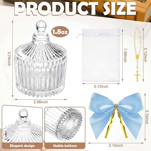 Chuangdi 12 Sets 48 Pcs Baptism Favors for Guests Crystal Candy Bowl Gifts with 12 Pcs Cross Rosary for Baptism Decorations Wedding Baby Shower Supplies First Communion Party(Blue)