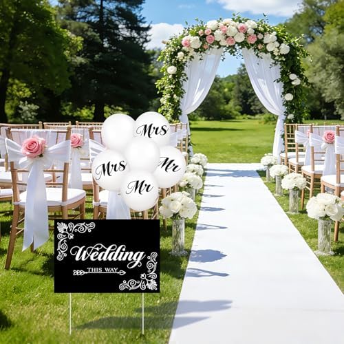 2 Pcs Wedding Reception Signs with 6 White Balloons, Set of 2 Double-Sided Directional Arrow Yard Signs with Metal Stakes, Waterproof Plastic Outdoor Decor Kit for Ceremony and Parking