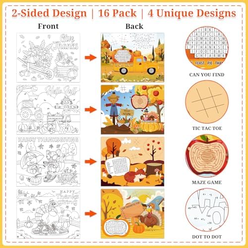 Thanksgiving Coloring Placemats - 16 Set Double-Sided Turkey Table Mat Thanksgiving Disposable Paper Placemats Fall Thanks Giving Activities Arts and Crafts Game for Party Favors