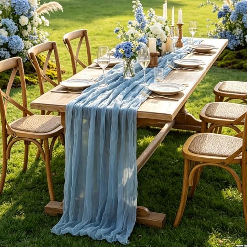 3Pcs Blue Table Runner, 10FT Boho Dust Blue Cheesecloth Table Runners 35*120inch for Wedding Bridal Shower Baby Shower Table Centerpiece Decorations