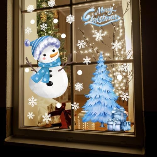 Winter Snowflake Window Clings Merry Christmas Window Stickers Double Sided Cute Snowman Window Decals Reusable Christmas Tree Glass Display Decoration for Home Office Classroom Party