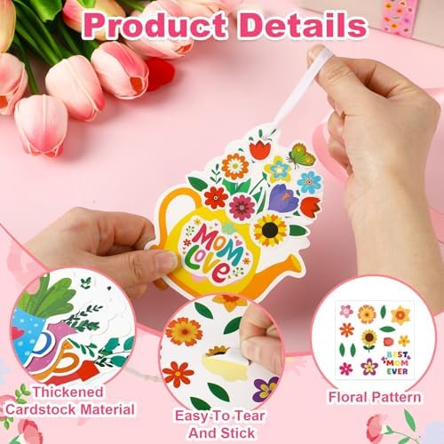 JUNEBRUSHS Mother's Day Card Craft Kit, 32 Floral DIY Craft with Stickers Mother's Day Hanging Ornament for Classrooms Office Festival Decor Gifts for Mom Ladies Grandma