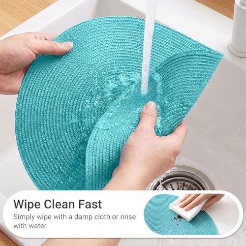 FunWheat Round Braided Placemats Set of 6 Table Mats for Dining Tables Woven Washable Non-Slip Place mats 15 inch(Turquoise, 6pcs)