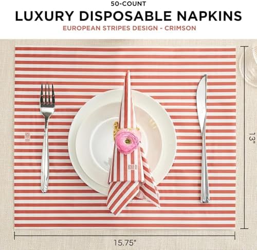 Khen 50-Count Luxury Disposable Napkins, European Stripes Design 2-Ply Tableware, Linen-Feel Paper Guest Towels, Elegant Soft & Absorbent Hand Towel, Party Napkin or Placemats 15.75"x13" - Maroon Red