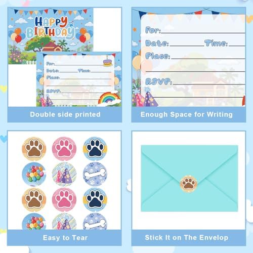 12Pcs Cute Cartoon Dog Birthday Invitations Set with Envelopes & Stickers, Puppy Paw Theme Invitation Cards for Birthday Decorations Party favors Supplies
