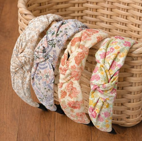 Huachi Headbands for Women Trendy Styles: Boho Knotted Headbands Floral Print, Cute Top Knot Head Bands for Girls for Summer Vacation Gifts 4PCS